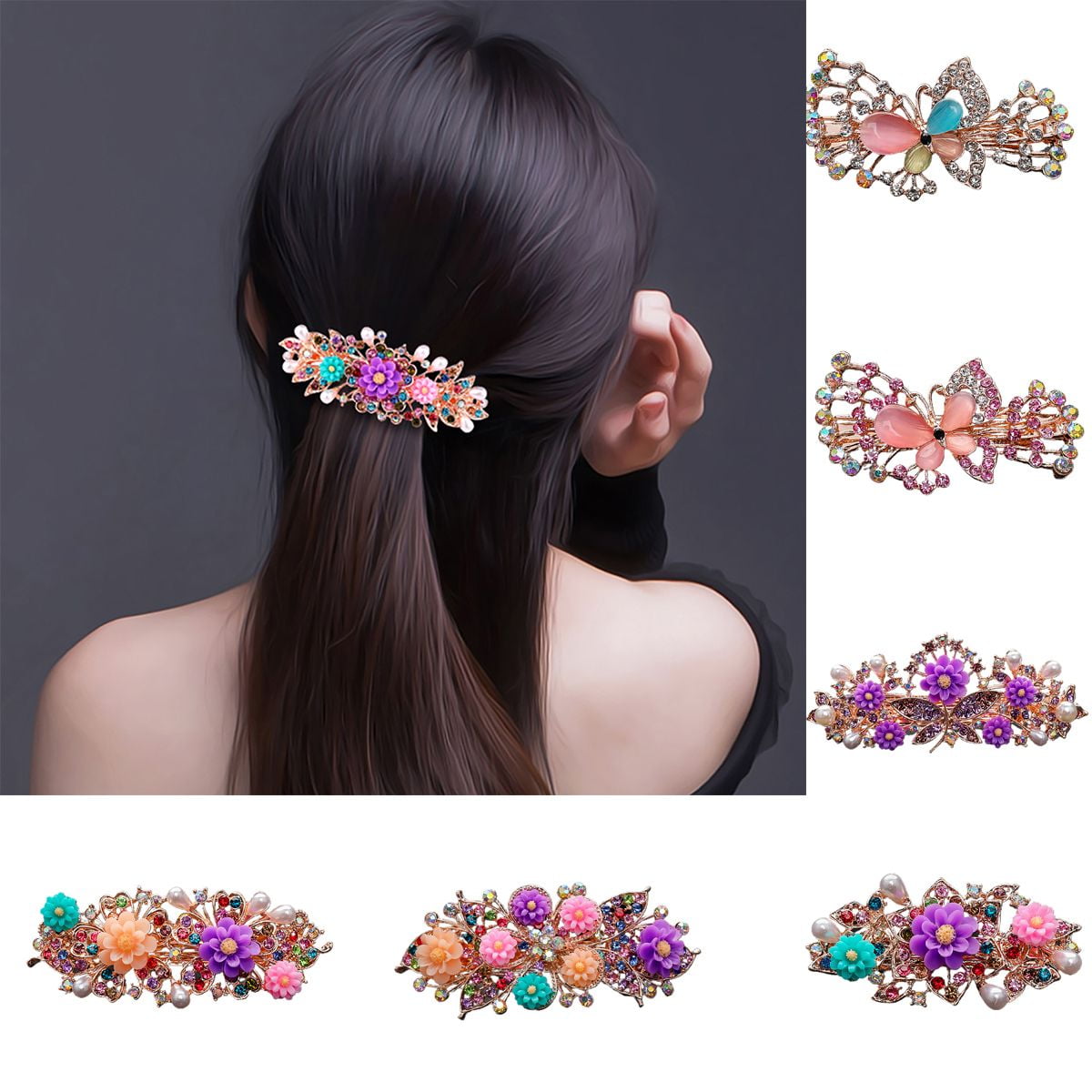 Meidiya Colorful Flower Rhinestone Pearls Decor Hairpin Hair Barrette