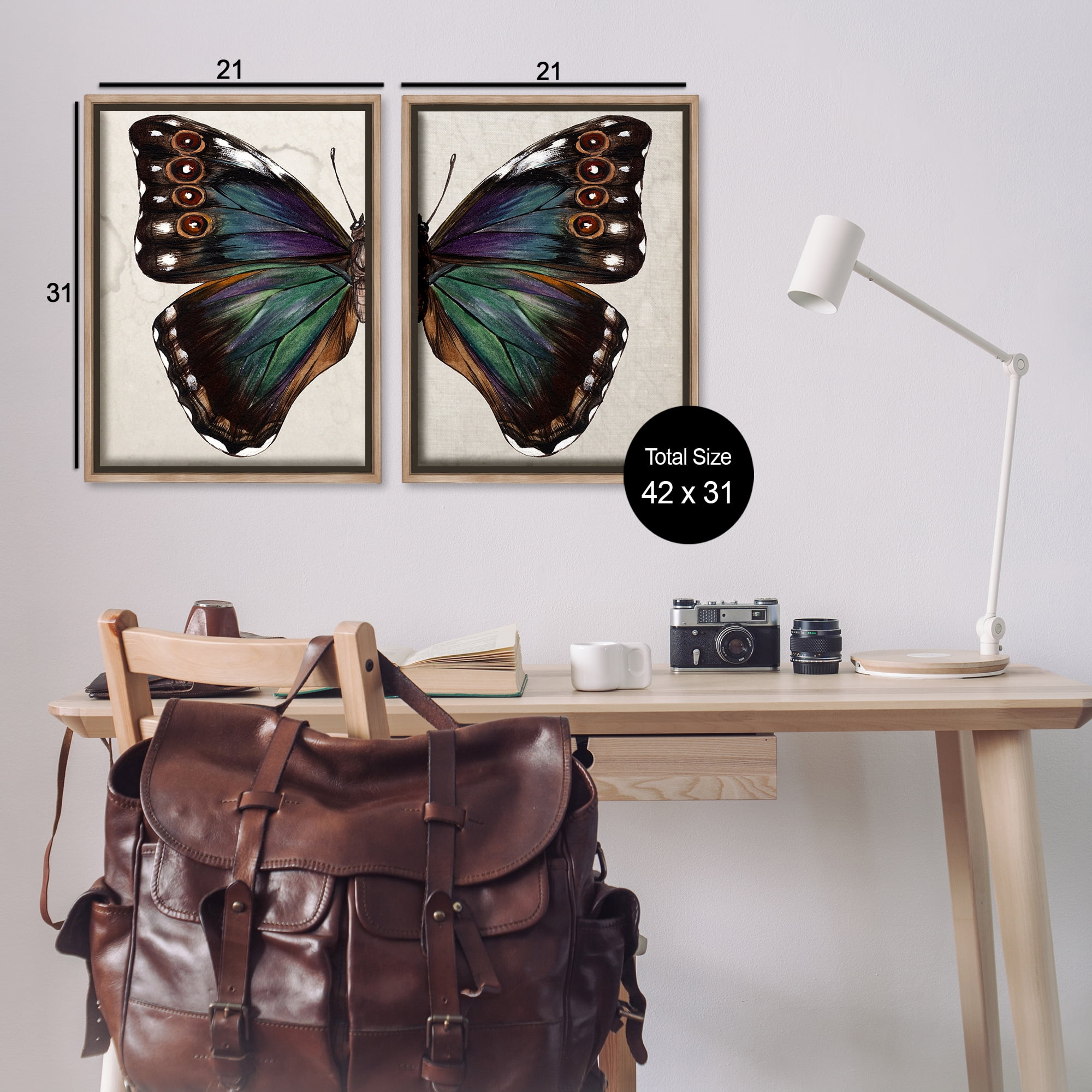 Stupell Industries Colorful Purple Green Butterfly Animals Painting Brown Floater Framed Canvas Art Print Wall Art, 21 x 31, Set of 2