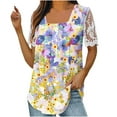 thumbnail image 2 of Wycnly Womens Blouses and Tops Dressy Sexy Lace Patchwork Sleeve Loose Flowy Pleated Swing Shirts Summer Floral Print Square Neck Short Sleeve Cute Tees Tops Light Blue s, 2 of 5