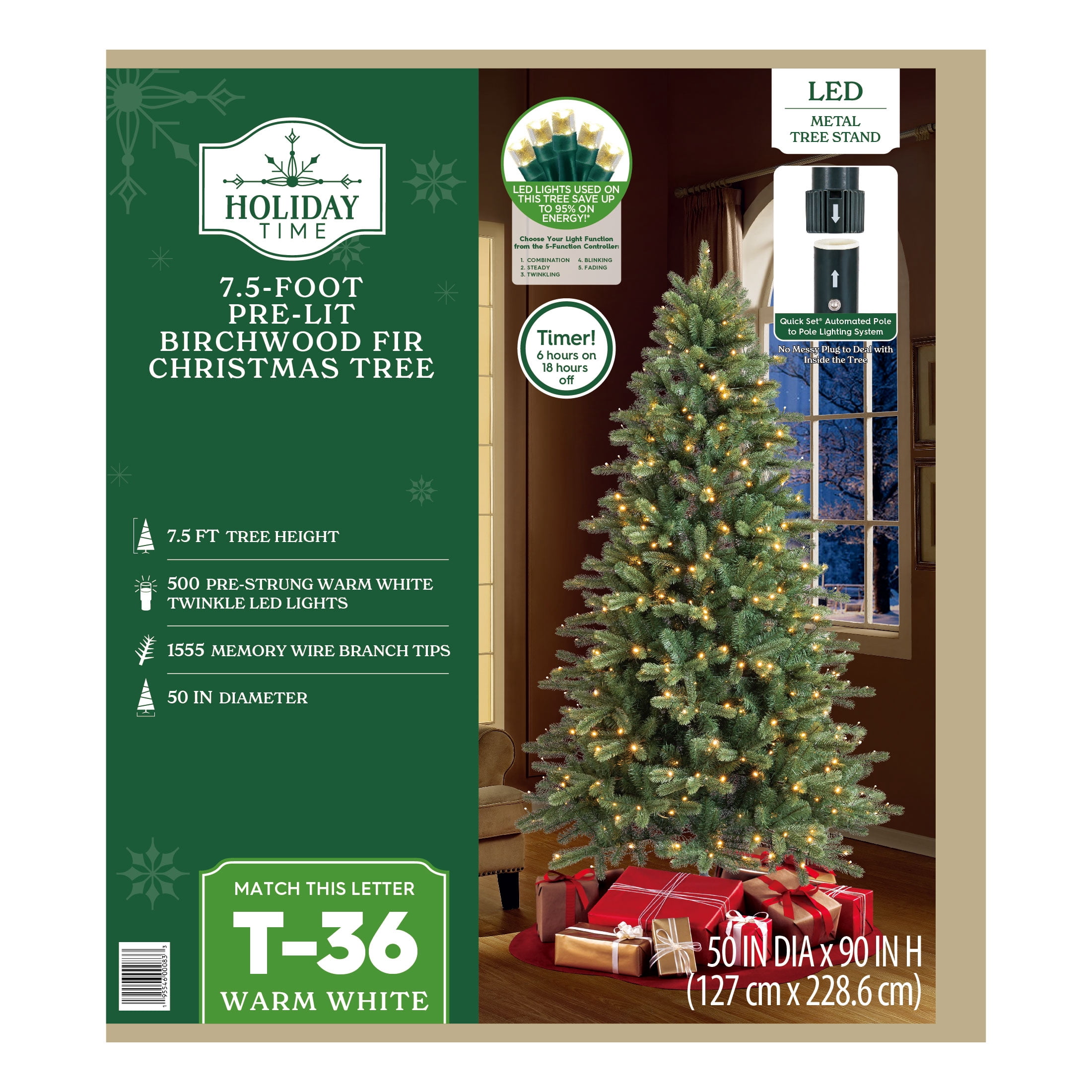 7.5' Pre-Lit Birchwood Fir Green Artificial Christmas Tree with Warm White Twinkle LED Lights and Quick Set, by Holiday Time