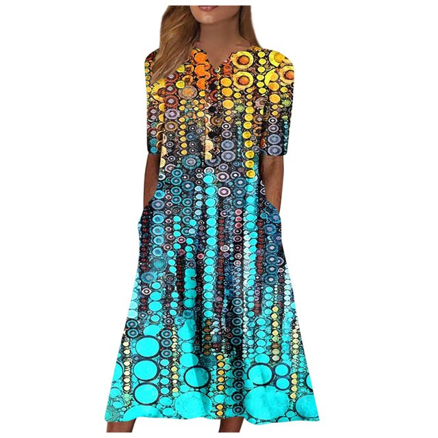 Robe Maxi pour Femmes Robe à Manches Courtes Col en V Robe Décontractée Imprimée avec Poches Robe à Manches Courtes en Liquidation