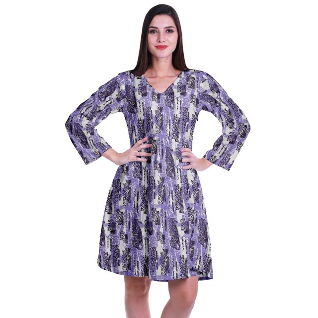 Moomaya Robe Courte Évasée Imprimée de Designer, Manches Longues, Tunique en Velours, Robes pour Femmes