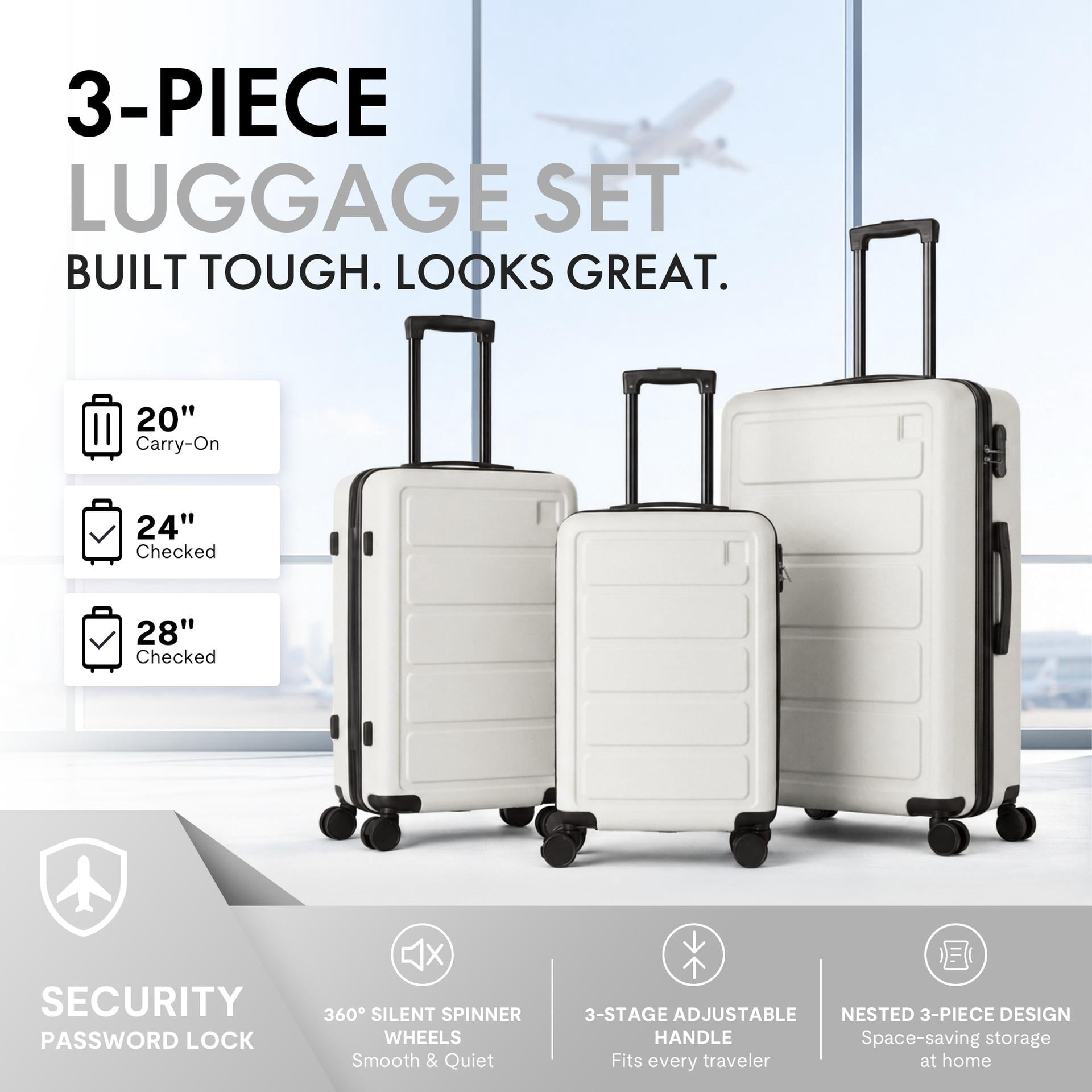 3-Piece ABS Hardshell Luggage Set, Lightweight Durable Suitcases with 4 Silent Spinner Wheels and Combination Lock, 20/24/28 Inch, White