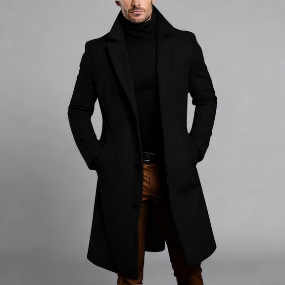 Trench Coats for Men with Pockets Long Sleeve Button-Down Woolen Peacoats Mens Trendy Solid Color Slim Lapel Thermal Warm Business Work Long Jackets