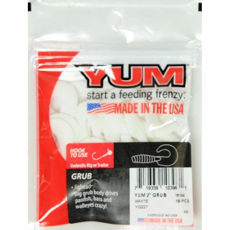 YUM Grub Soft Plastic Fishing Lure, 2 Inch, White, 18 Count, Curly