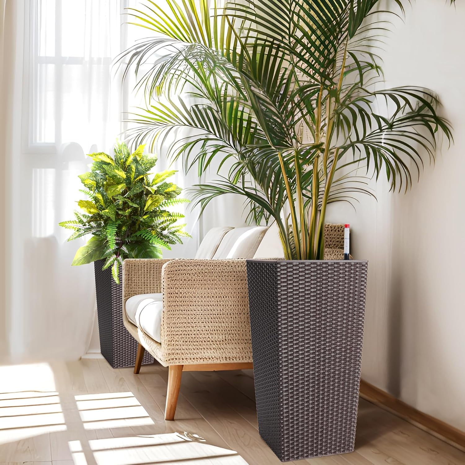 Garvee 22.5" Tall Planter Pots Set of 2, Rattan style, 2 Trays,Water Level Monitor, Wheels, Brown