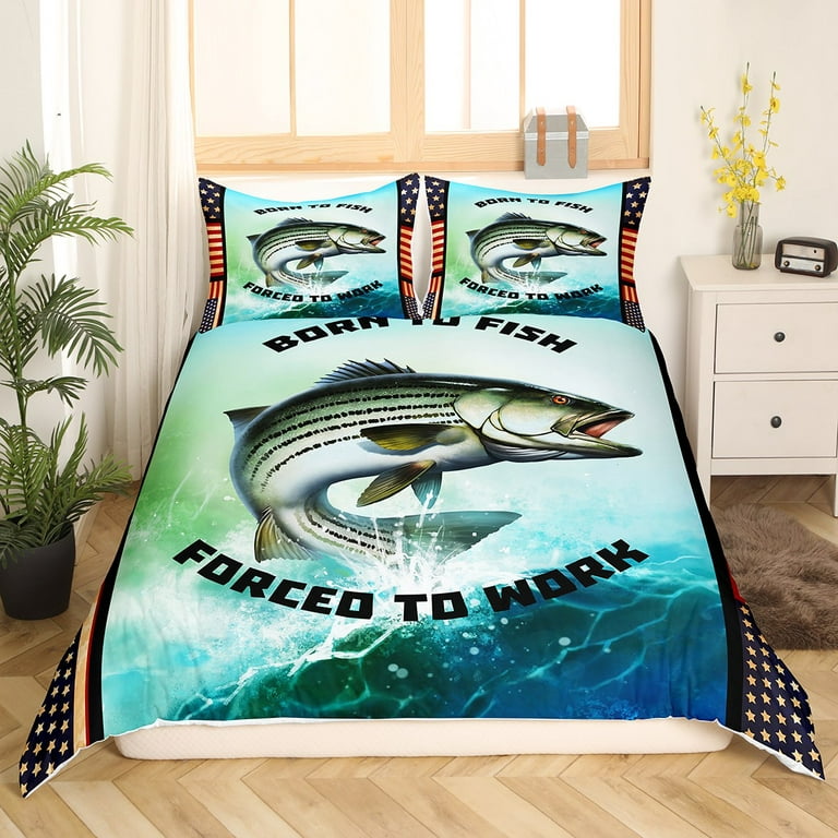 YST Big Bass Fish Comforter Cover Queen Size Fishing Fishermen Bedding Set  Coastal Fishing Pike Fish Duvet Cover Sea Animal American Flag Bedspread  Cover Zipper 2 Pillow Cases Red Green Blue 