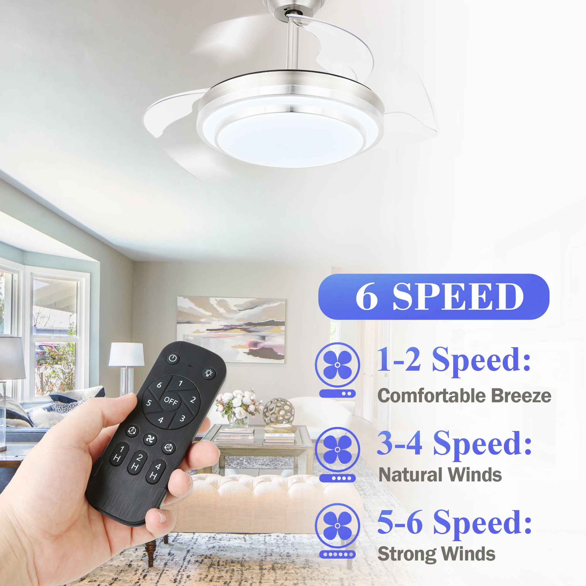 36" Retractable Ceiling Fan With Remote Control and Light Kit, Silver Modern Reversible Ceiling Fan