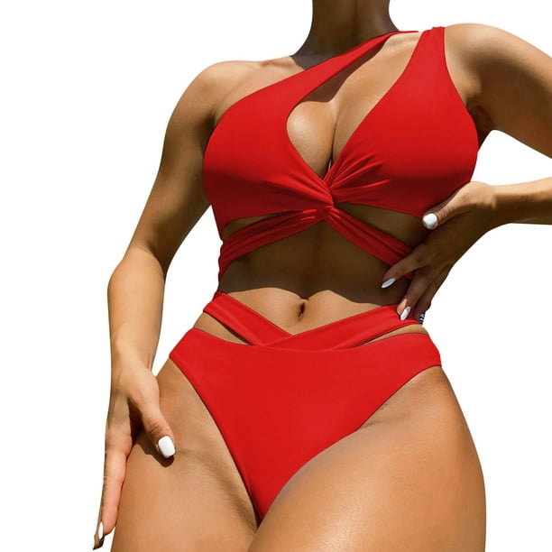 PMUYBHF Female High Waisted Bikinis Plus Size Women Bikini set Lace Up  Backless Two Piece Beach Wear Hot Solid Color Swimwears Tankinis set Red L