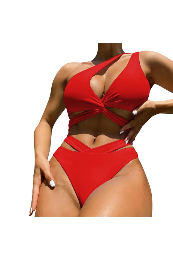 Plus Size Swimsuit for Women Women's High Waisted Bandeau Bikini Set,Fashion Puff Sleeve Swimwear Set Bathing Suits Red,S