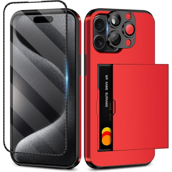 for iPhone 15 Pro Case with Screen Protector & Camera Cover 4-in-1 Full Body Hybrid iPhone 15 Pro Case Wallet Card Holder Shockproof Protective Phone Case for iPhone 15 Pro 6.1 inch - Red