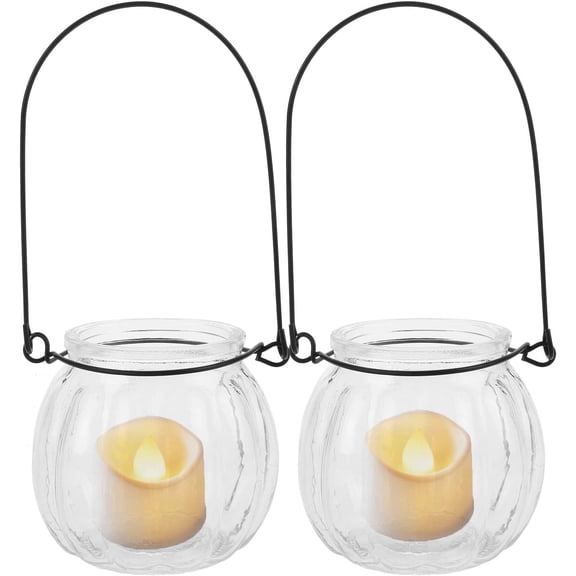 GUENG 2 Pack Pumpkin Shaped Hanging Glass Tealight Holders, Clear Votive Candle Jars with Metal Handle for Wedding Party Table Decor