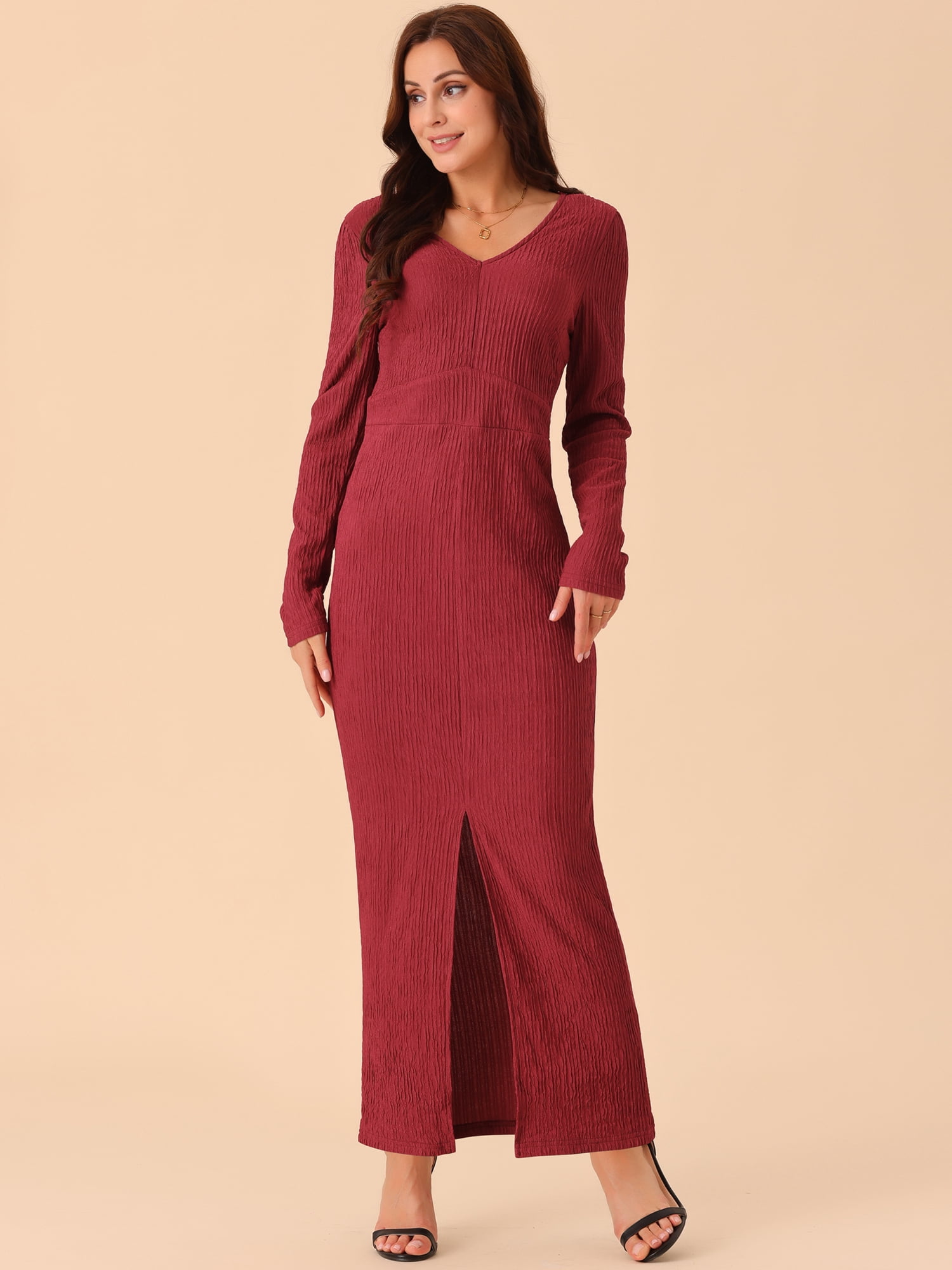 DARING DIVA Long Sleeve V Neck Slit Hem Maxi Cocktail Dress XL Wine Red