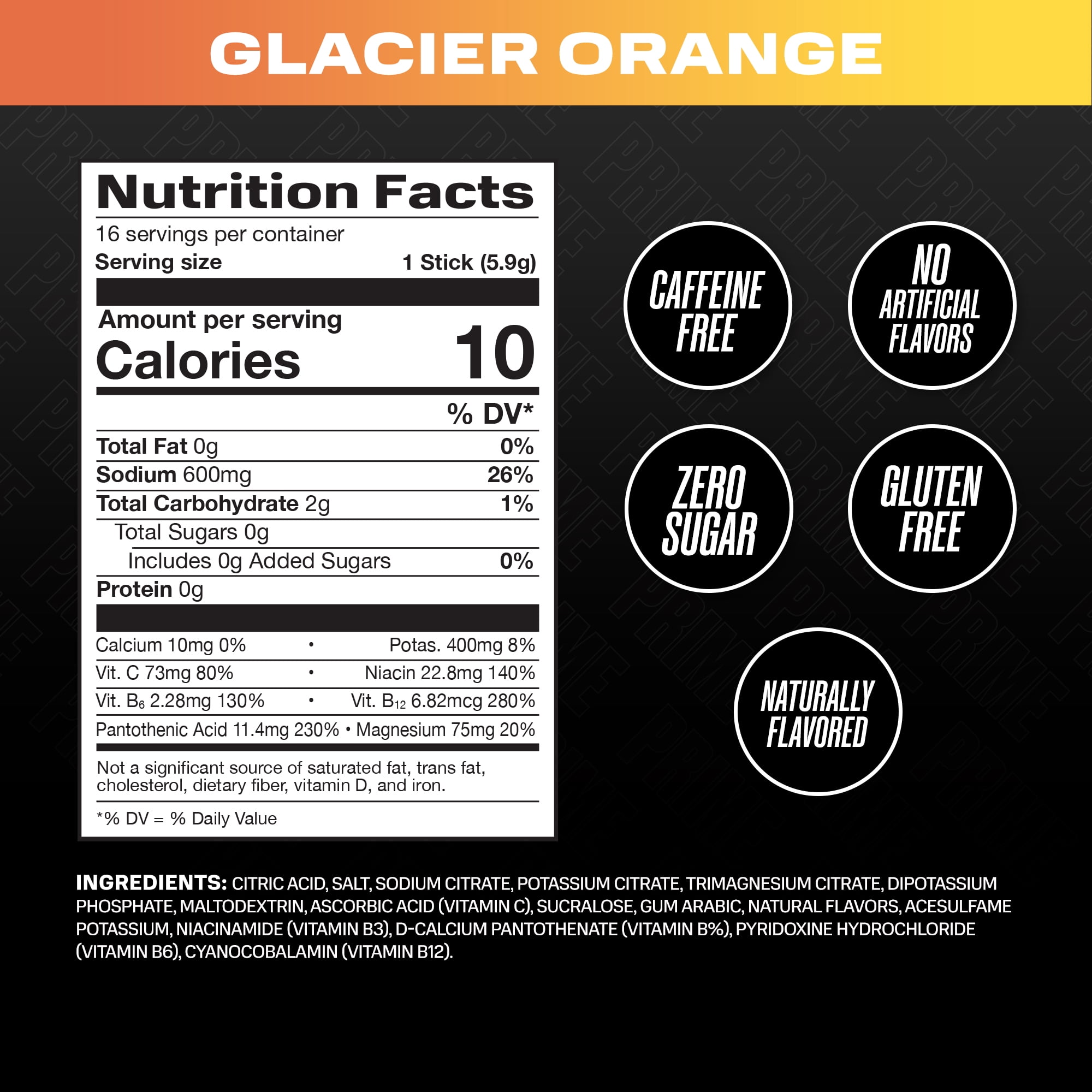 Prime Rapid Rehydration Sticks, Glacier Orange, 16ct, Bag