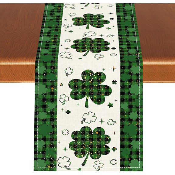 Shamrock St. Patrick''s Day Table Runner, Green luck Buffalo Plaid Seasonal Spring Summer Farmhouse Holiday Clover Kitchen Dining Table Scarf for Kitchen Living Room Home Party Decor 13"x72"