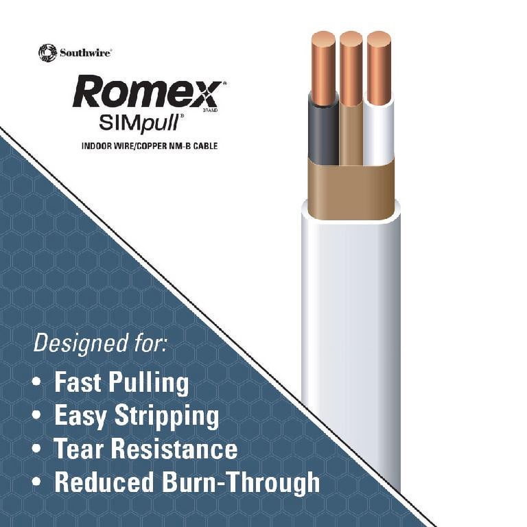 15-Foot 6/3 Black Stranded Romex SIMpull CU NM-B W/G Wire – Copper, 90°C, 600V, For Dry Locations