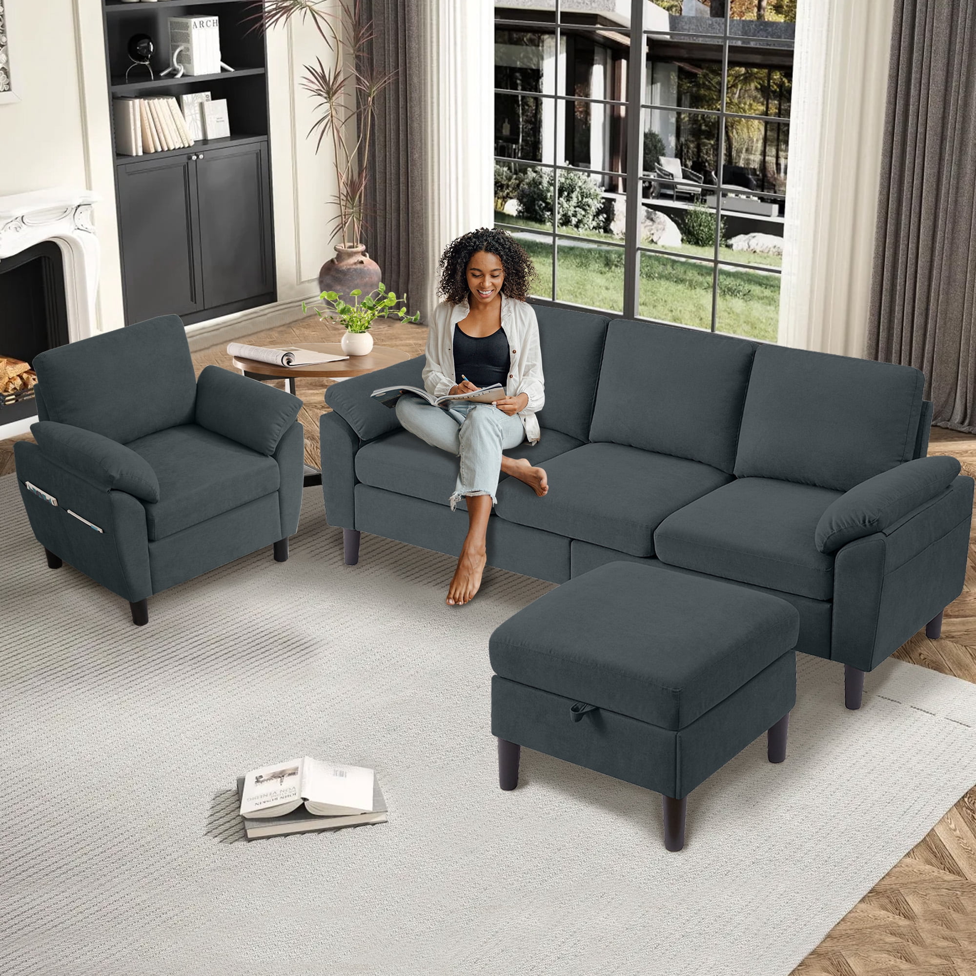 Soscana Living Room Furniture 2 Piece Set,Sectional Sofa Couch with Storage Ottoman and Accent Chair,Dark Gray