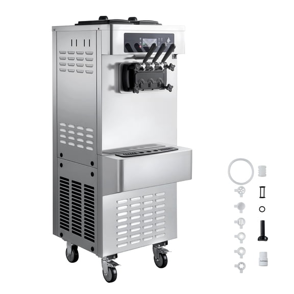 KFFKFF Commercial Ice Cream Machine, 3 Flavor Freestanding 20-28L/H 2200W with Puffing Pump, Pre-Cool & Low-Mix Alert for Dessert Shops