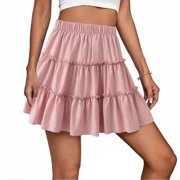 Pounoo Women's Skirts Elastic High Waist Ruffled Tiered Mini Skirt Casual Summer Wear Lightweight Breathable Loose Fit Flowy Skirts Gift