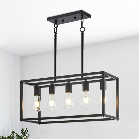 Lanhall 5-Light Kitchen Light Fixtures Black Farmhouse Chandelier Rectangular Dining Room Light Fixture Linear Pendant Lighting Hanging Lights for Kitchen Island Living