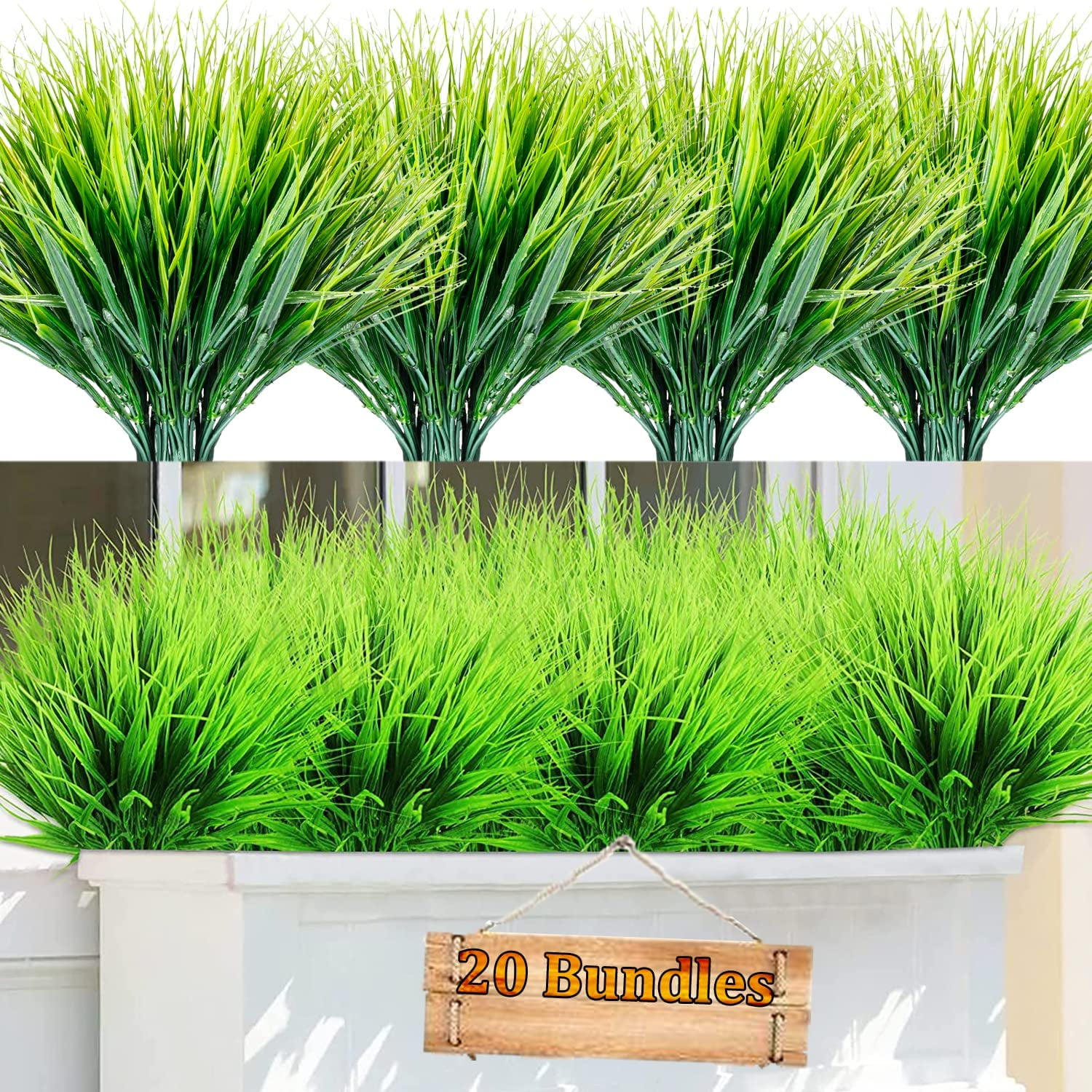 GRNSHTS 20 Bundles Artificial Grasses Decor Indoor Outdoor UV Resistant Fake Bright Green Grass