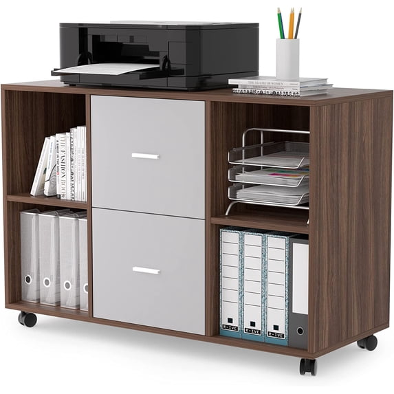 AngLink 2 Drawer File Cabinet, Large Mobile Lateral Filing Cabinet for Letter Size, Mobile Horizontal Filing Cabinet with 4 Open Storage Shelves, Printer Stand, for Home Office (Walnut/Light Gray)
