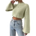thumbnail image 6 of Wutalume Women's Solid Color Casual Bell Sleeve Knitted Short Sweater, Versatile Flared Sleeve Top, Lightweight Pullover for Transitional Seasons,Light Green S, 6 of 8