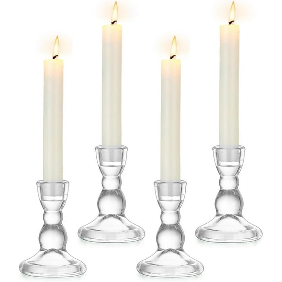 Inweder Glass Taper Candle Holders - Cute Candlestick Holders, 4Pcs Clear Candle Stick Candle Holder, Modern Tapered Candlestick Holders for Standard Candles for Wedding Christmas Home Decor