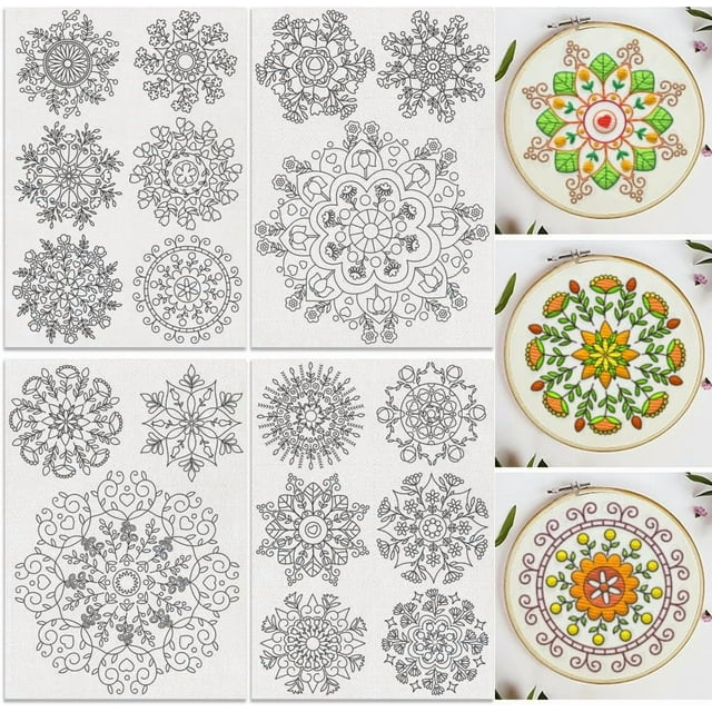 18Pcs Mandala Flower Water Soluble Hand Sewing Stabilizers 8.3"x11.7" Snowflake Mandala Embroidery Pattern Stabilizer 4 Sheets Stick and Stitch Embroidery Paper Sticker
