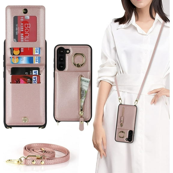 Samsung Galaxy S23 Plus Case with Card Holder for Women, Galaxy S23 Plus Phone Case Wallet with Strap Credit Card Slots Crossbody with Kickstand Zipper Shockproof Case for S23 Plus - Rose Gold
