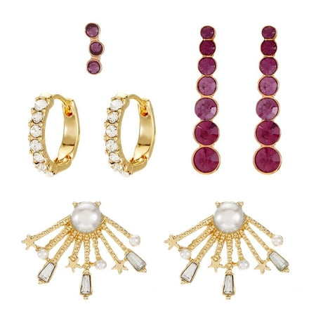 Seren Jewelry Fashion Earring Set for Women, Mixed Gold-Tone Earrings with Amethyst Accents, Stud, Mini Hoop and Drop, 3 Pairs Plus 1 Single