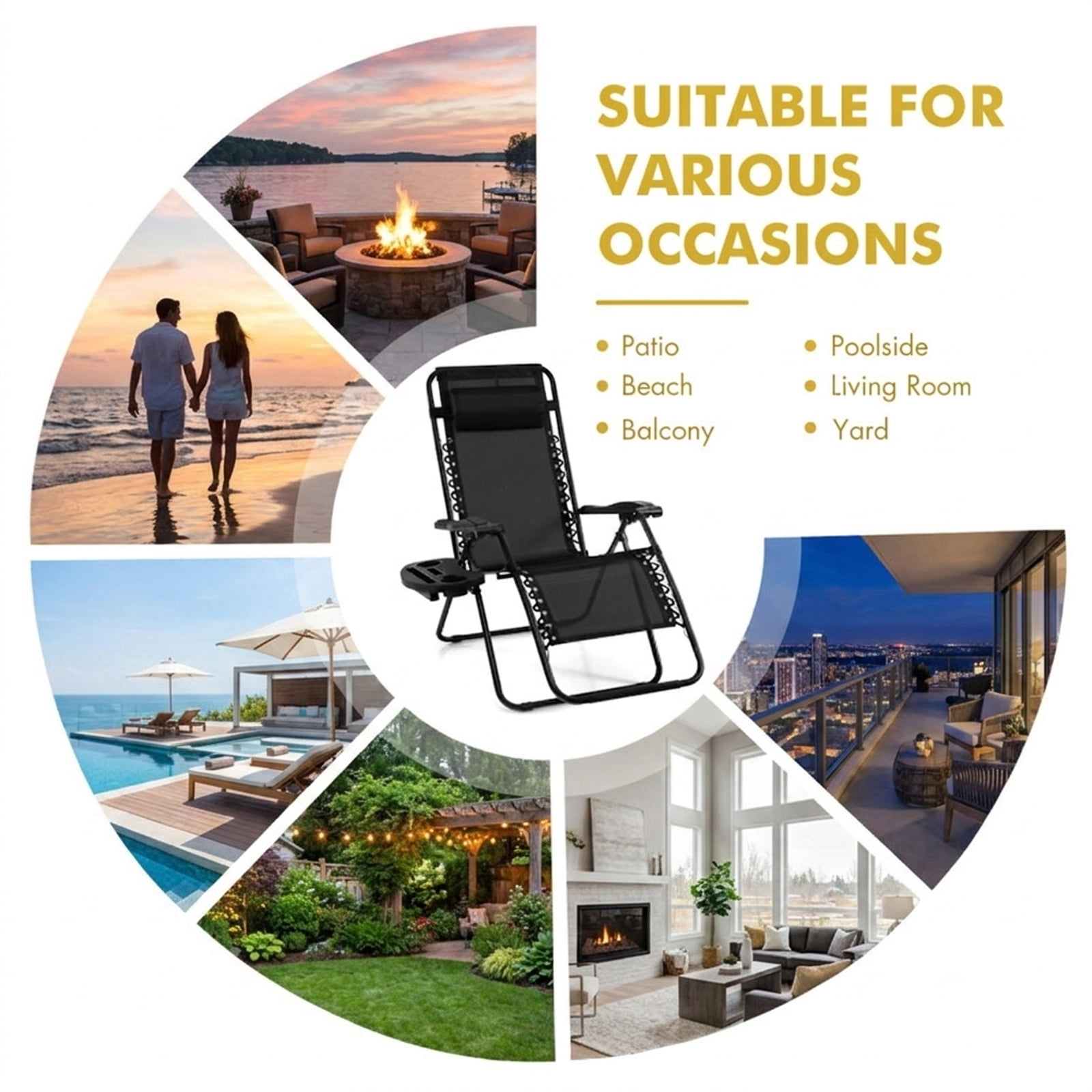 Furnibear Outdoor Folding Zero Gravity Reclining Lounge Chair with Removable Cup Holder Tray Detachable Headrest Steel and Aluminum Frame and 350 lb Capacity, Black