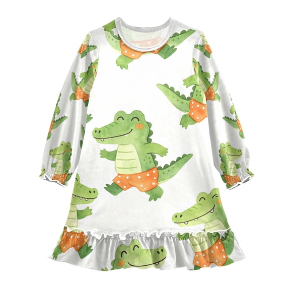 Casual Dresses Nightgowns Velvet Pleated design One-Piece Nightdress for Indoor Outdoor Daily Green Croc 3-10T