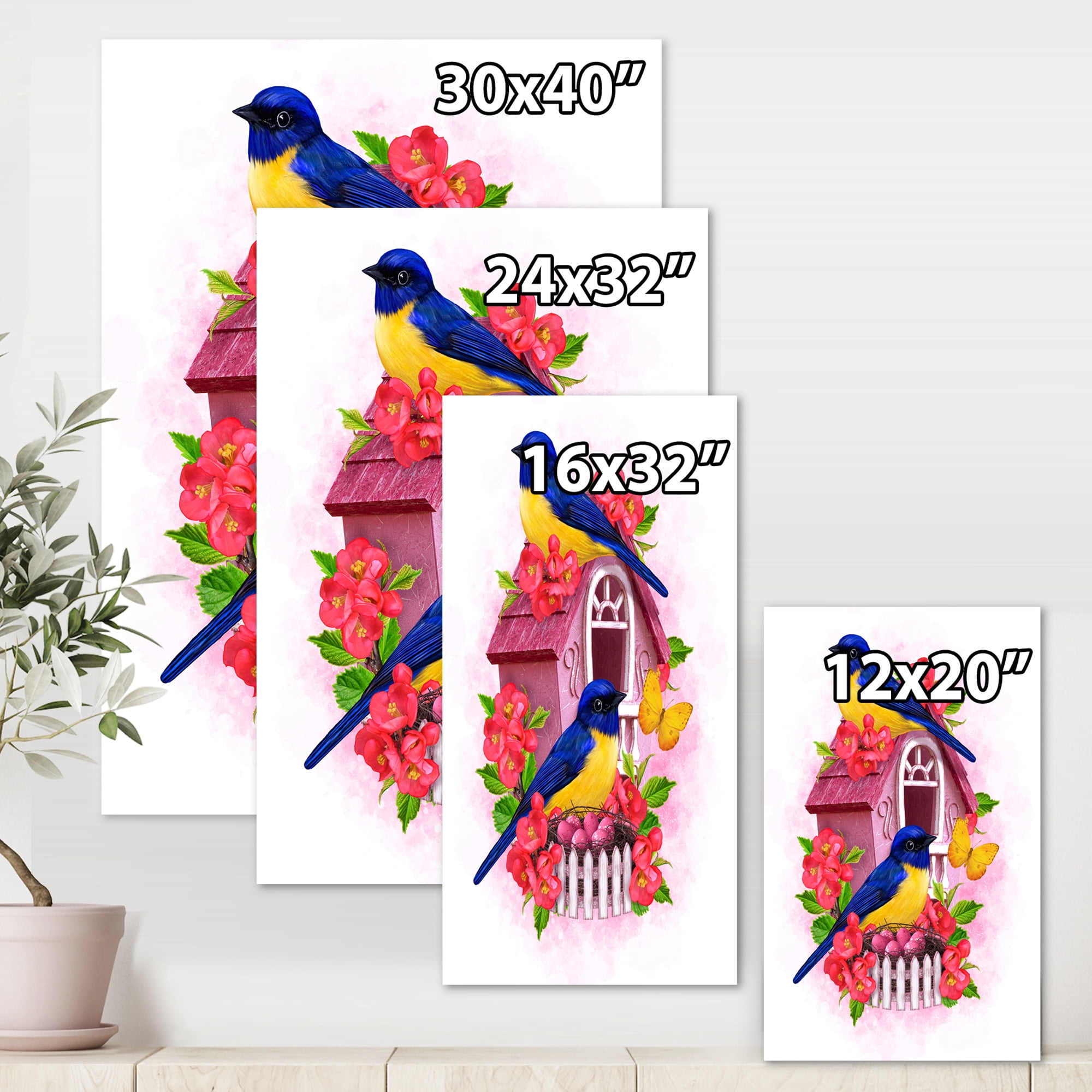 Designart ' Two Yellow and Blue Tit Birds Sitting Near The Nest ' Traditional Canvas Wall Art Print