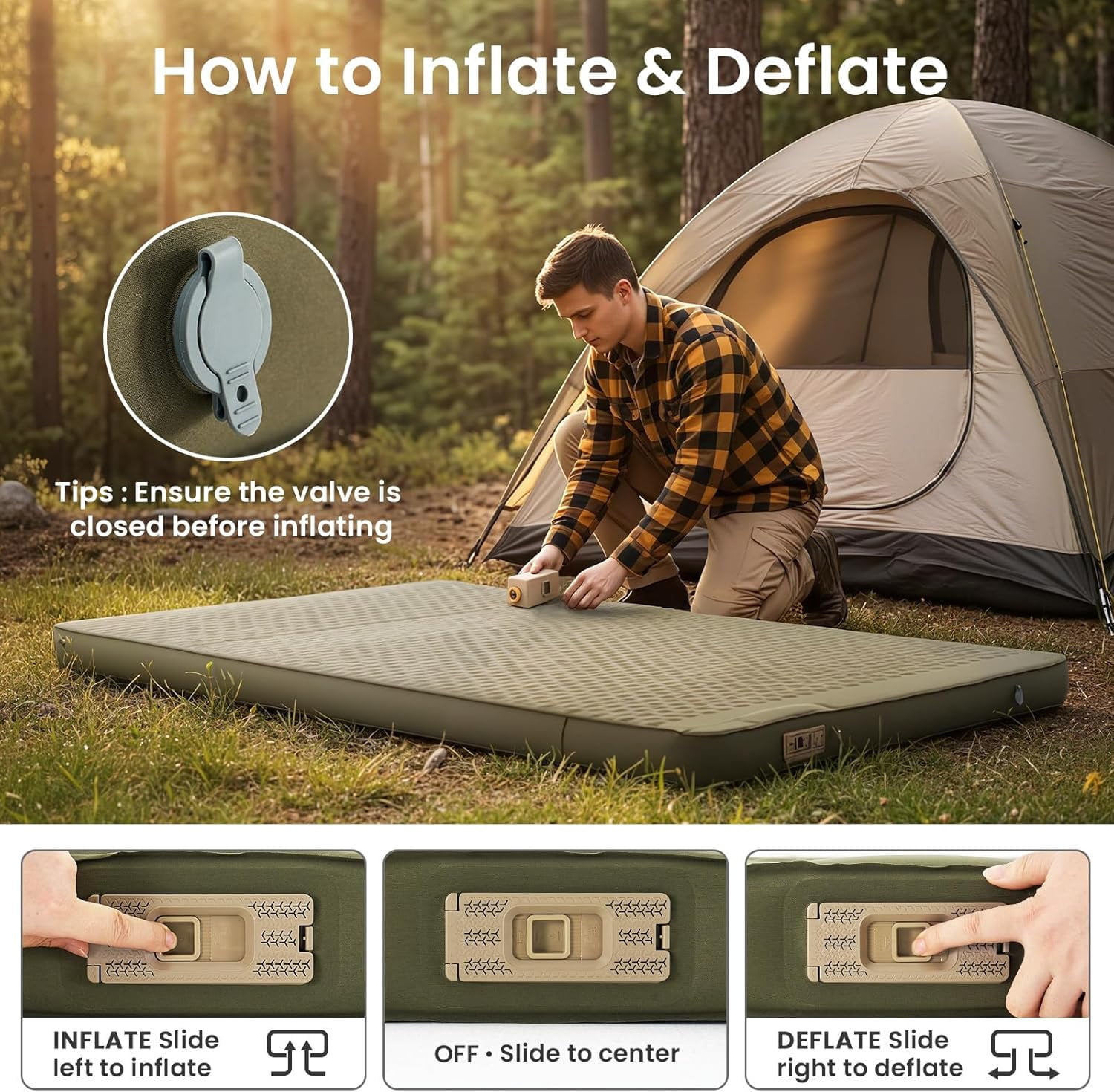 Lilypelle 4" Self Inflating Double Sleeping Pad for Camping,Built-in Pump Mattress for Backpacking, Traveling,4 Season Inflatable Sleeping Mat with High Support for Cot,Tent,Car
