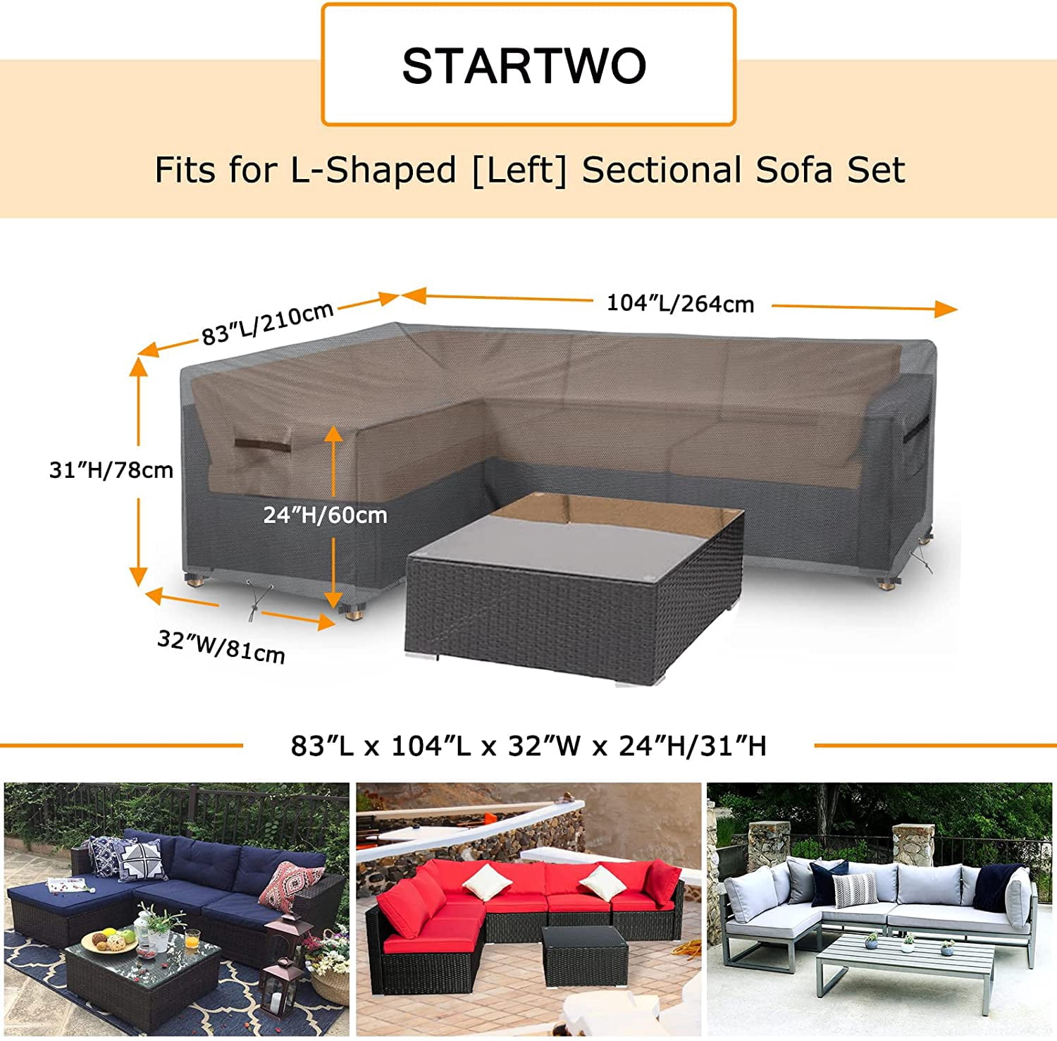 STARTWO Waterproof Patio Furniture Sectional Cover Large Oval Thickened Heavy Duty Outdoor Sofa Square Wicker Cover