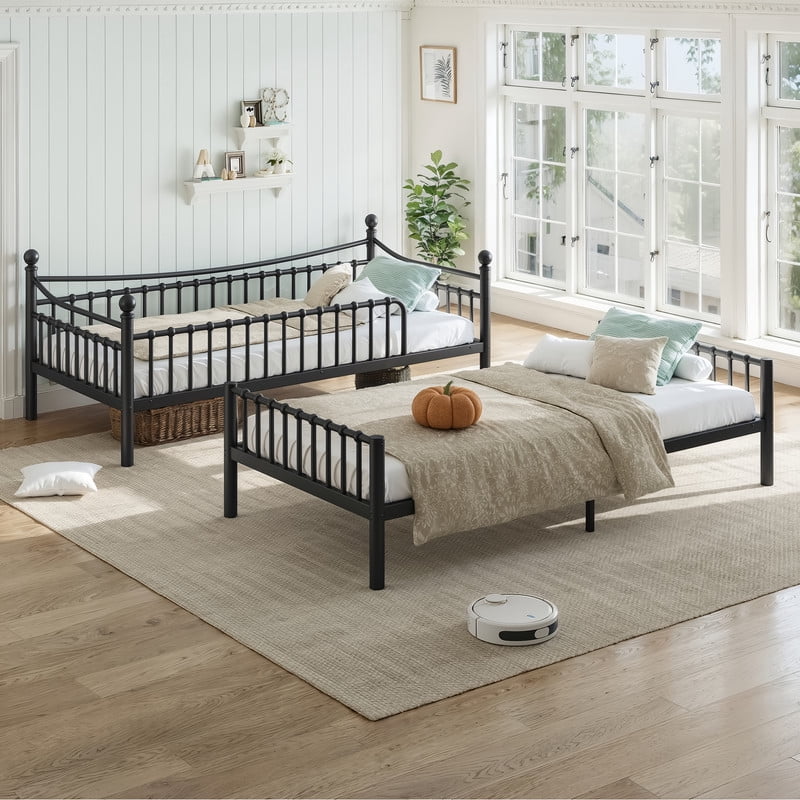 Twin XL over Twin XL Metal Bunk Bed with Curved Guardrail, Round Tube Bedpost Detachable Bed Frame for Kids, Teens & Adults