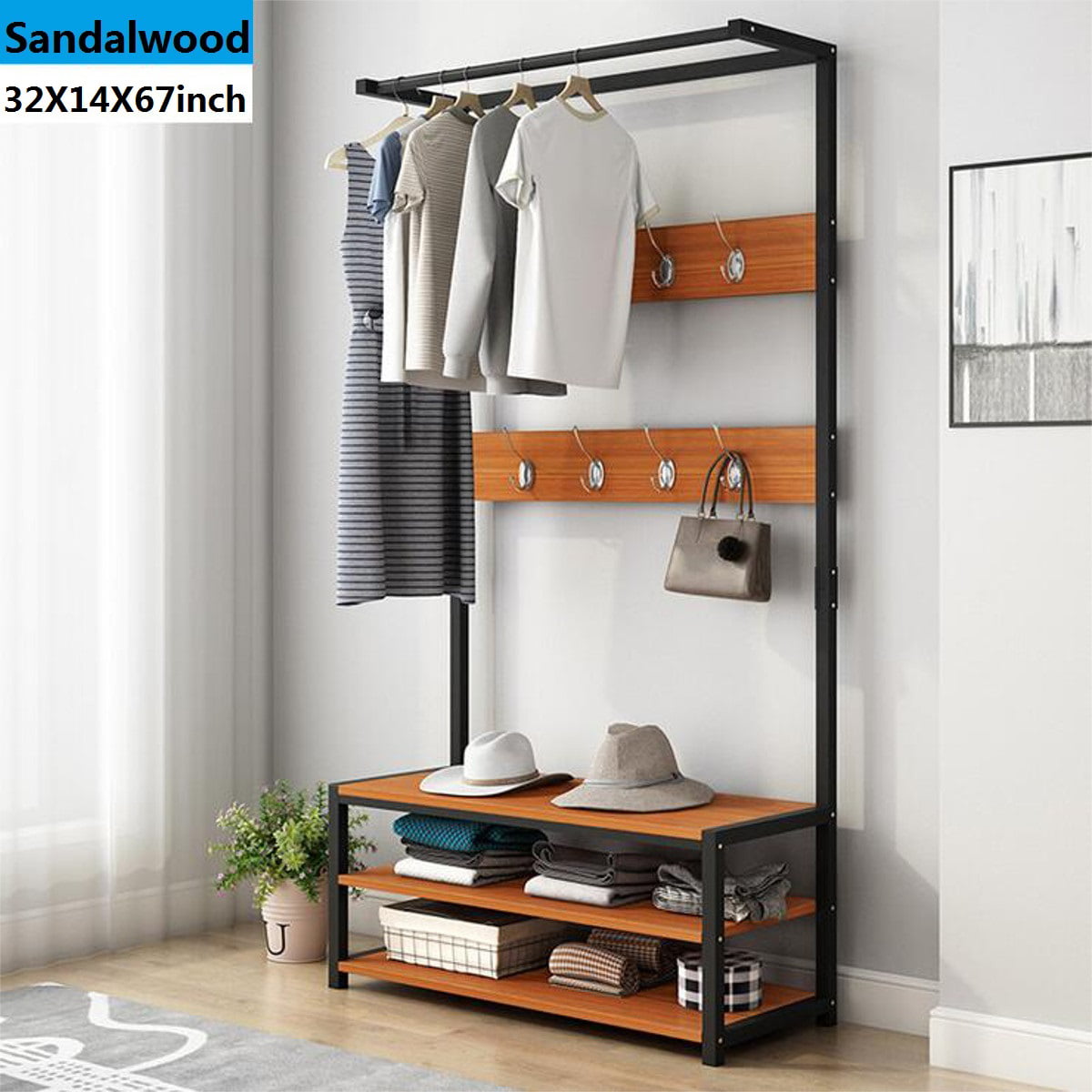 Details about   Hall Tree Hat Entryway Coat Stand Shoe Rack Bench 3 in 1 Design W/ Shelves Hooks 