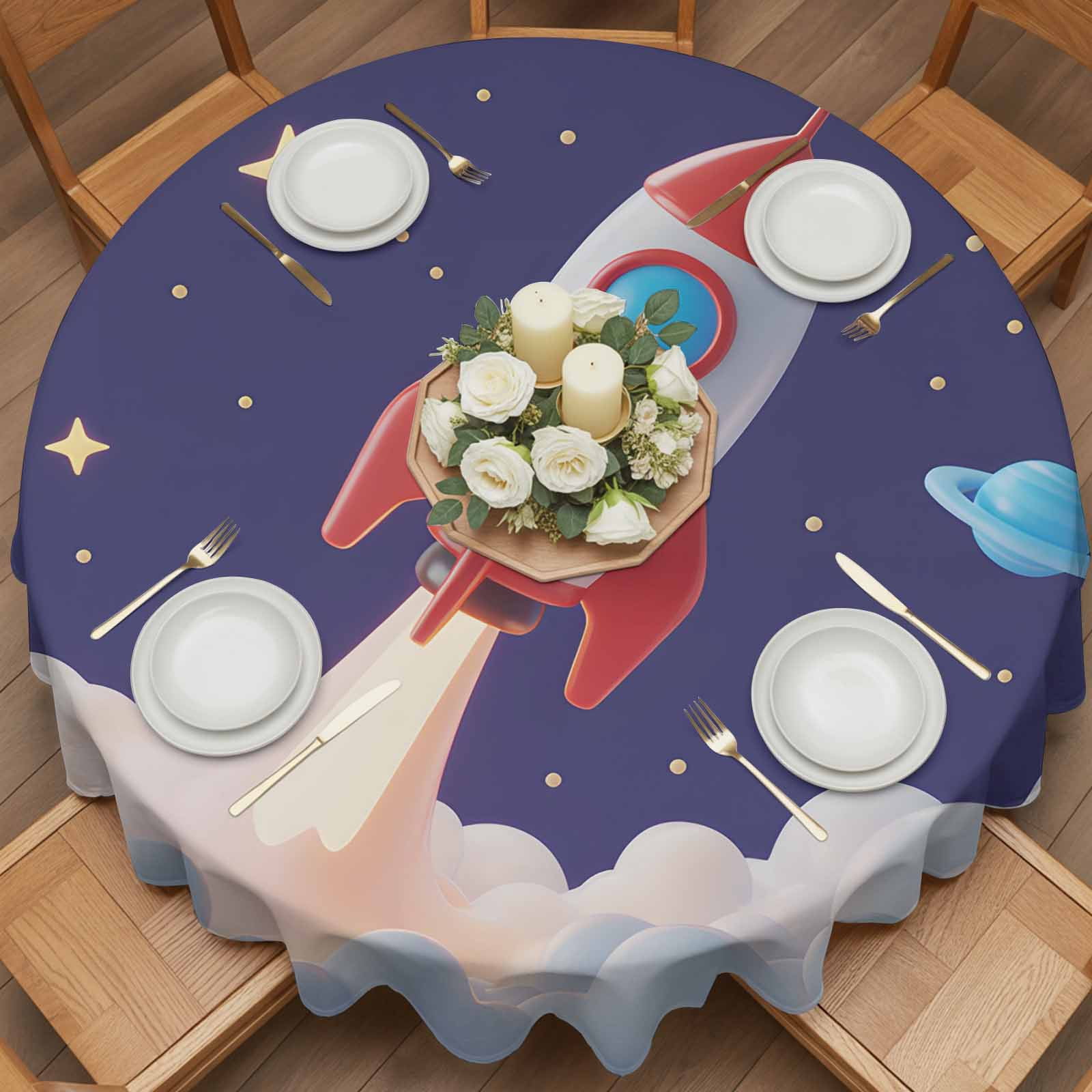 Round Tablecloth Cartoon Navy Blue Space Waterproof Oil Proof Polyester Table Cloth Cover Decor for Home Dining Outdoor,Patio,Parties, 54" Dia. Red 3D Rocket Yellow Stars