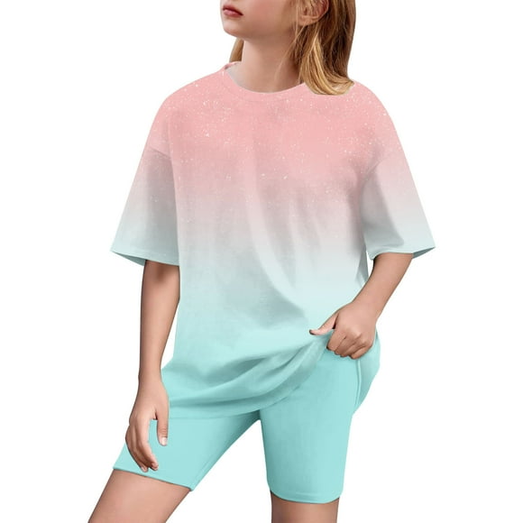 Girl 2 Piece Outfits Toddler Girl Clothes Oversized Short Sleeve T Shirt Active Running Bike Short Sets 5-15y