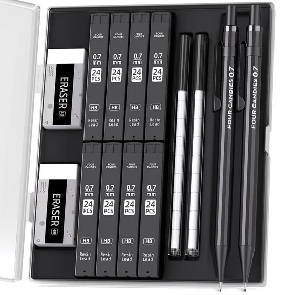 Four Candies Metal Mechanical Pencils 0.7mm, 2PCS Pencils Mechanical 0.7 with Dual Spring, 8 Tubes HB Lead Refills, 2PCS 4B Erasers and 18PCS Eraser Refills, Mechanical Pencil Set for Writing Drawing