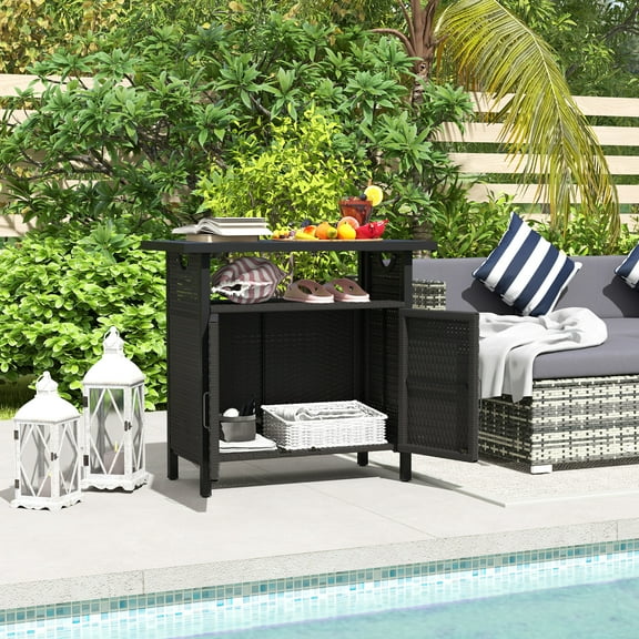 Outsunny Outdoor Pool Towel Storage Cabinet Organizer, PE Rattan Pool Valet, Espresso