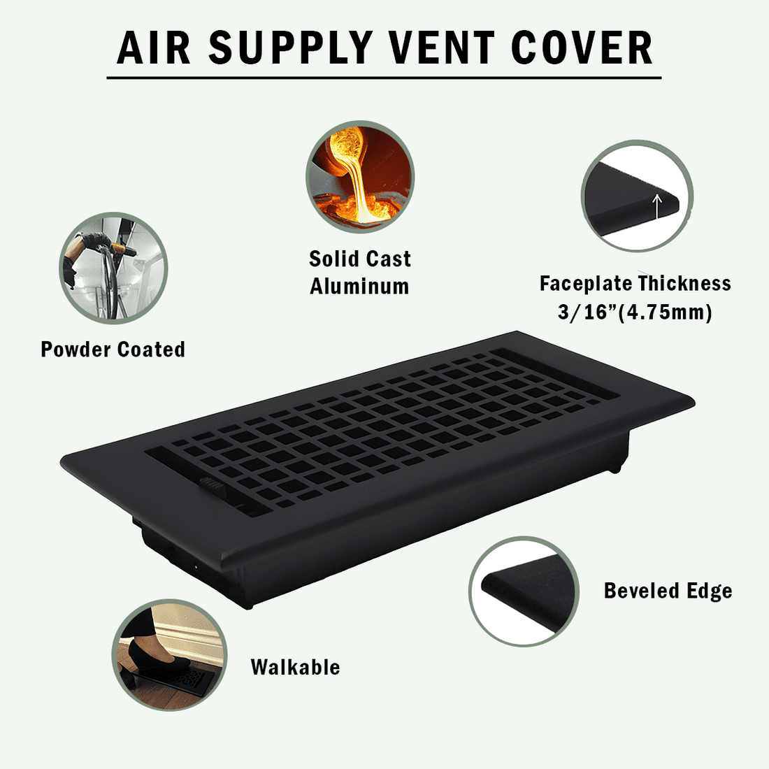 SET OF 5 Mosaic Air Supply Vent 4"x10" Duct Opening (Overall 5-1/2"x 11-3/4") Heavy Gauge Solid Cast Register || Powder Coated White with holes