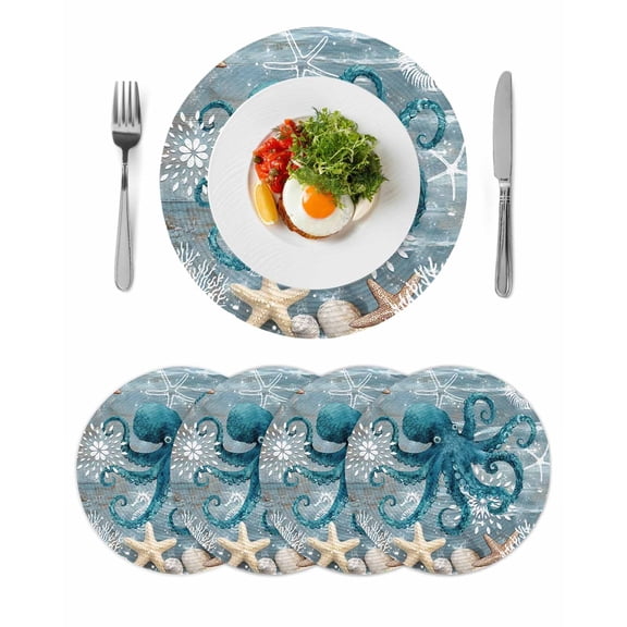 Blue Octopus Coastal Round 15 Inch Placemats Set of 4, Summer Beach Ocean Starfish Coral HeatResistant Non Slip Place Mats for Dining Table, Wipeable Braided Kitchen Table Mats for Housewarming
