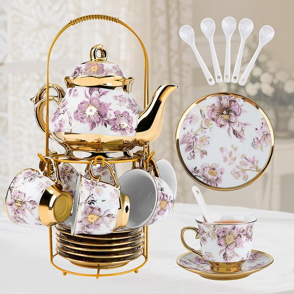 LUOULO 20 Pieces Tea Set Coffee Set with Metal Holder, Gold Rose Ceramic Vintage Tea Set for Adult, 6 People, Purple