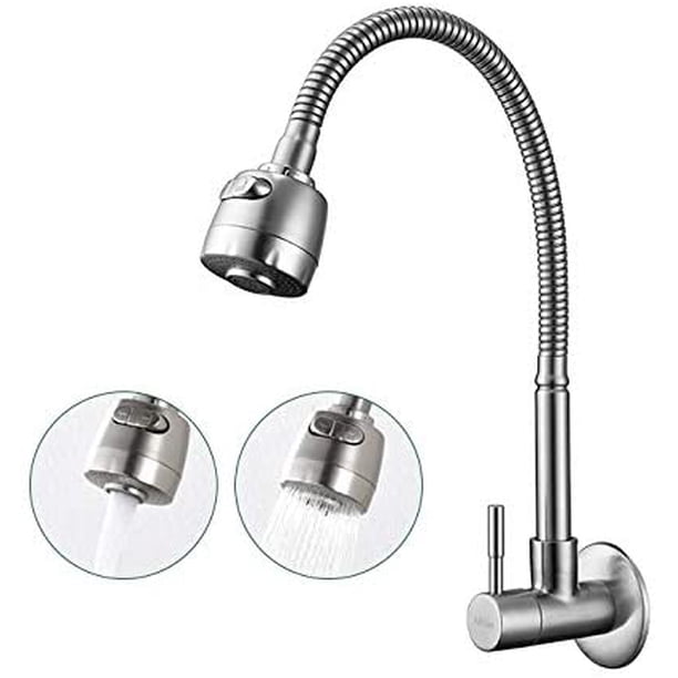 Grifo de cocina de pared Giratorio de 360° con funciones Fregadero de cocina Grifo mezclador Agua fría Refrigeración simple Grifo de pared en superficie cepillada Tubo de cocina de resorte Ormromra WLJ-4136