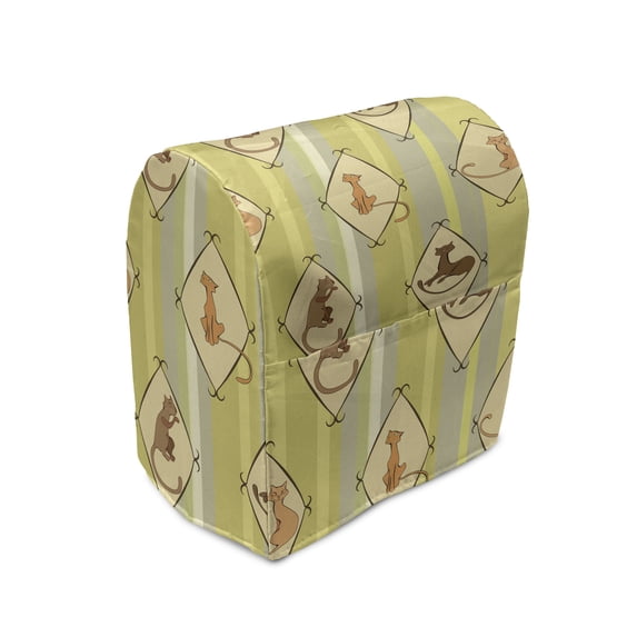 Cats Stand Mixer Cover, Rhythmic Cat Motifs in Rhombus Elements on Vertical Striped Backdrop Print, Kitchen Appliance Organizer Bag Cover with Pockets, 5 Quarts, Mustard Avocado Green, by Ambesonne