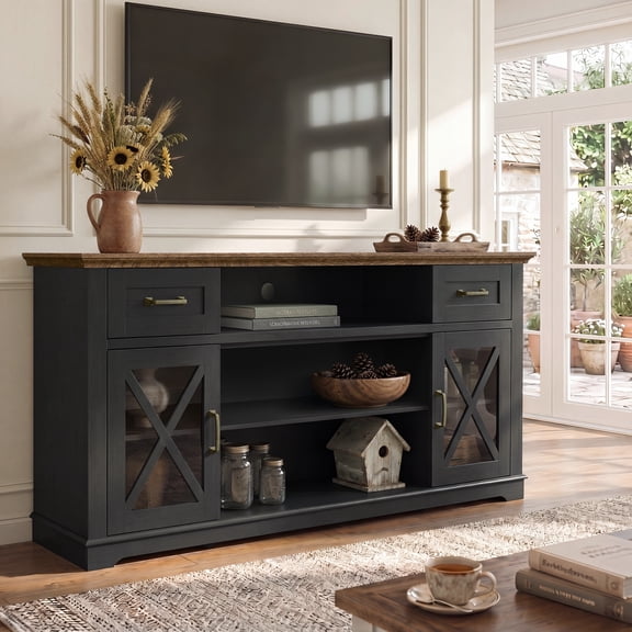 LEGAHOME Farmhouse TV Stand, Extra Wide TV Cabinet for 70 Inch TV, Rustic Wood TV Stand with 2 Drawers and 2 Storage Cabinets, Entertainment Center Television Media Console for Living Room, Black