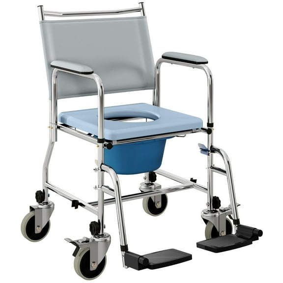 Rolling Shower Chair: Bedside Commode Wheelchair with Padded Seat, Backrest, for Seniors, Disabled, 300 lbs, Gray