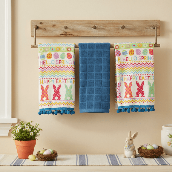 Serafina Home Easter Spring Kitchen Dish Towels: Colorful Bunnies Hello Spring Happy Easter with Pom Poms (Fun Bunnies)